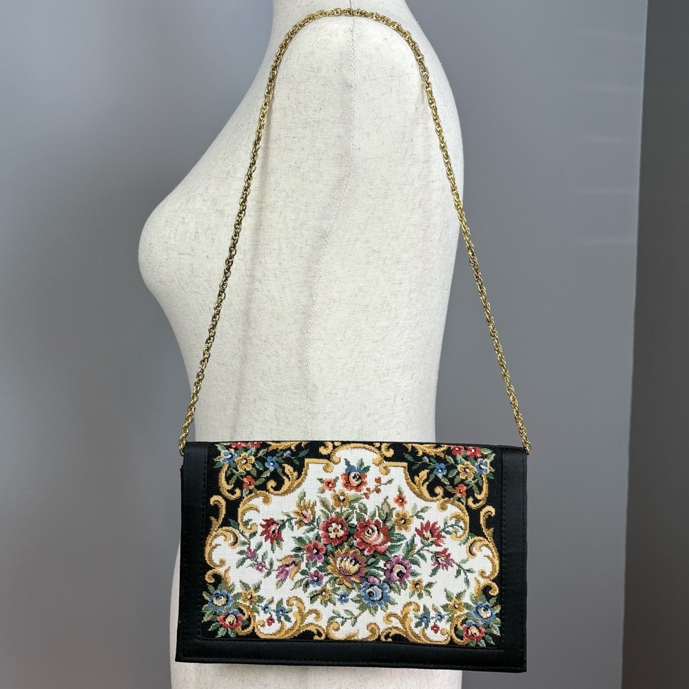 Vintage Walborg Purse Black Floral Tapestry Gold Tone Chain Strap Handbag Clutch